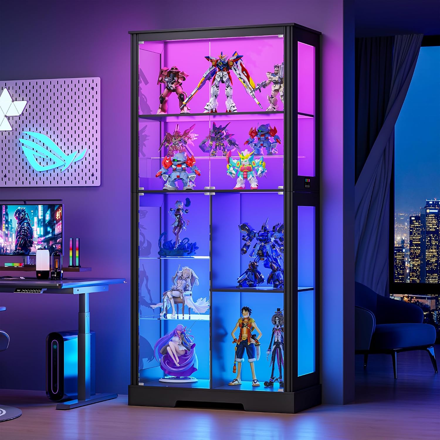 Gurexl Display Cabinet with Motion Sensor LED Lights, Glass Curio Cabinet with Adjustable Shelves & Glass Door, Modern Tall Display Case for Collectibles, Toys, Figures, Ideal for Living Room, Black