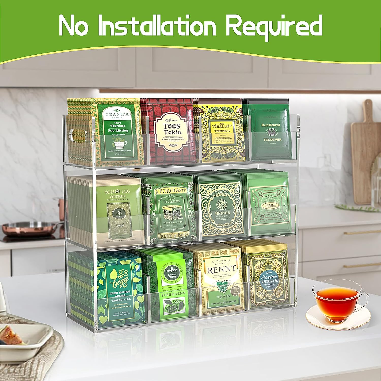 Jumyee 3-Tier Acrylic Tea Bag Organizer Holder, No Assembly Required, Portable Tea Organizers and Storage, Vertical Tea Organizer Counter, Coffee & Tea Station Display Rack for Home Office