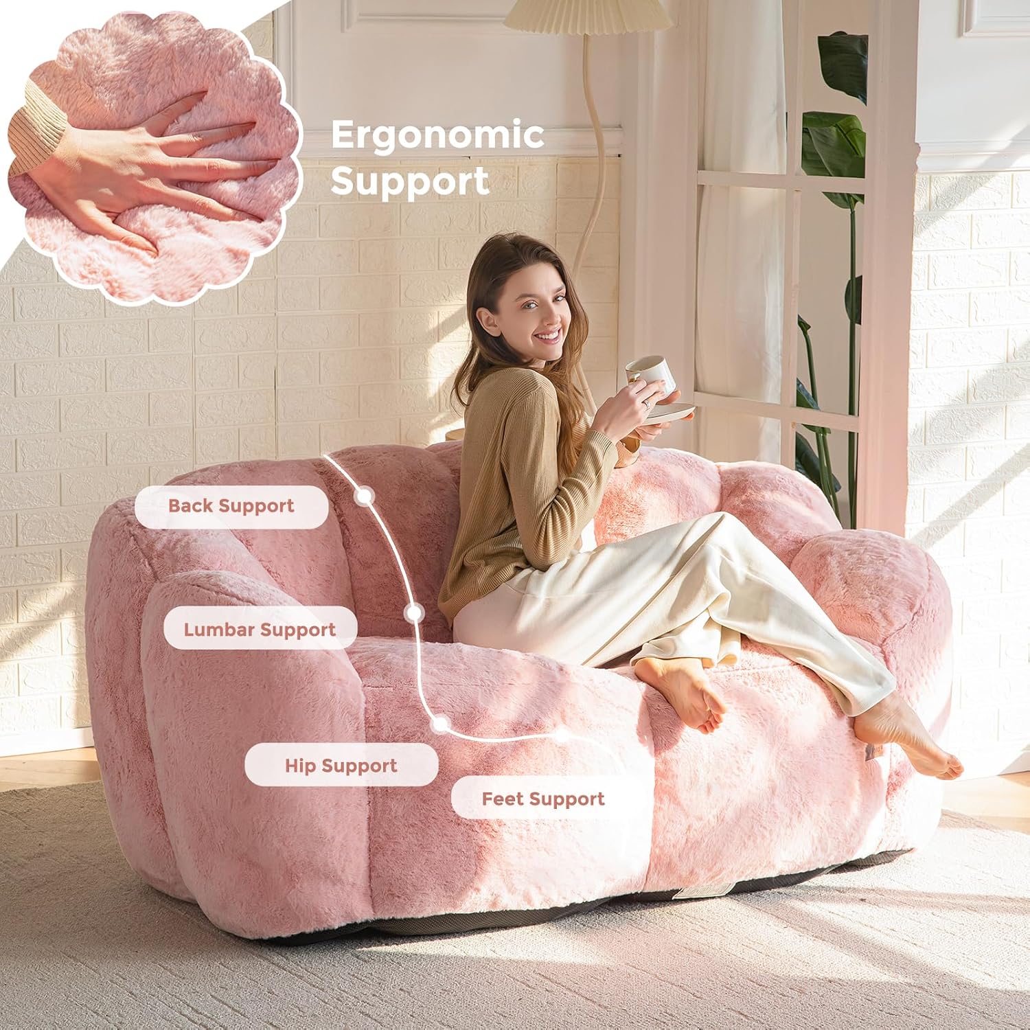 MAXYOYO Bean Bag Chair for Adults, Floral Shaped Bean Bag Sofa | Ultra Soft Faux Fur Floor Sofa, Large Reading Chair for Living Room Bedroom, Pink, Double