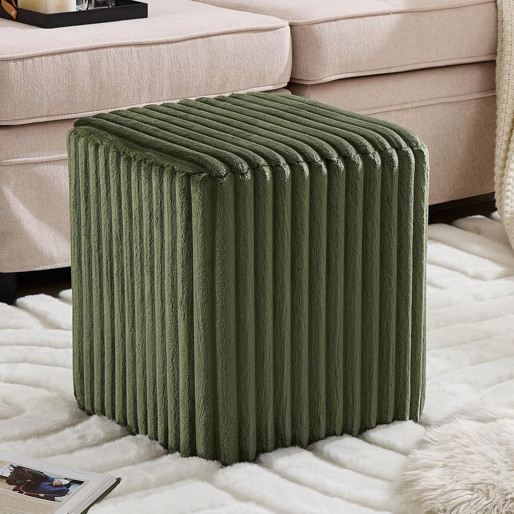 YDcosyfy Modern Square Ottoman, Vertical Channel Tufted Foot Stool Ottoman, Velvet Upholstered Vanity Stool for Makeup, Bedroom, Living Room, Dark Green