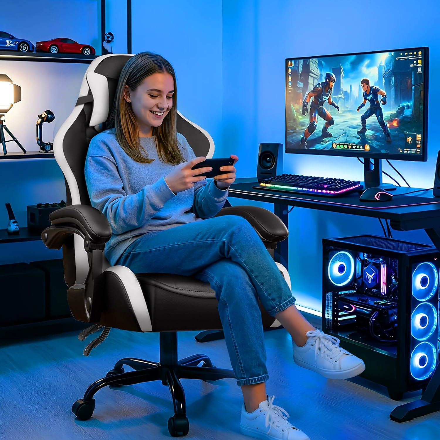GTPLAYER Gaming Chair for Adults, Big and Tall 300LBS Heavy Duty Office Chair, Ergonomic High Back Lumbar Support and Wide Comfy Cushion with Linkage Armrests for Home Office, White