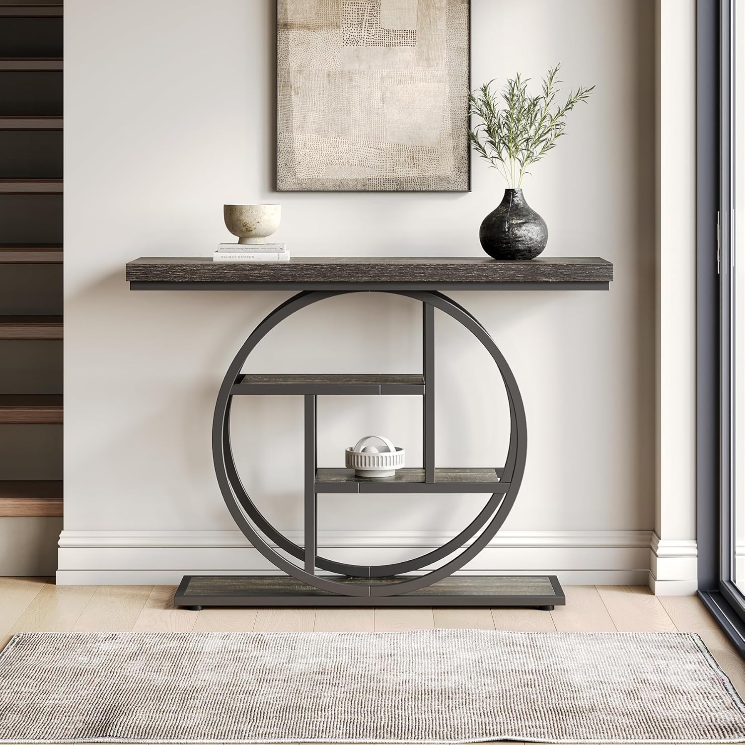 LITTLE TREE Console Table, 4-Tier Entryway Table, 41.3-Inch Industrial Sofa Table for Living Room, Foyer Hallway Table for Entrance, Deep Grey and Black