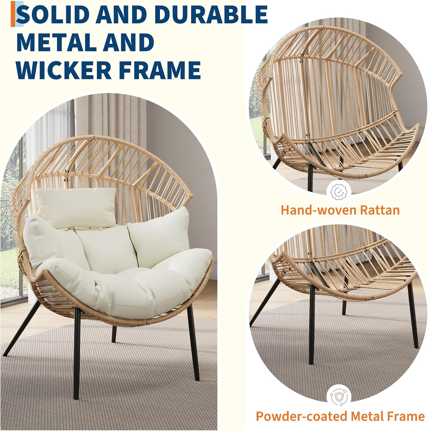 Outdoor Wicker Egg Chair, Oversized Ergonomic Rattan Lounge Rocker with Extra-Soft Pillow and Thick Cushion for Indoor & Outdoor, Living Room, Backyard & Garden – Cream Cushion, Natural Wicker Frame