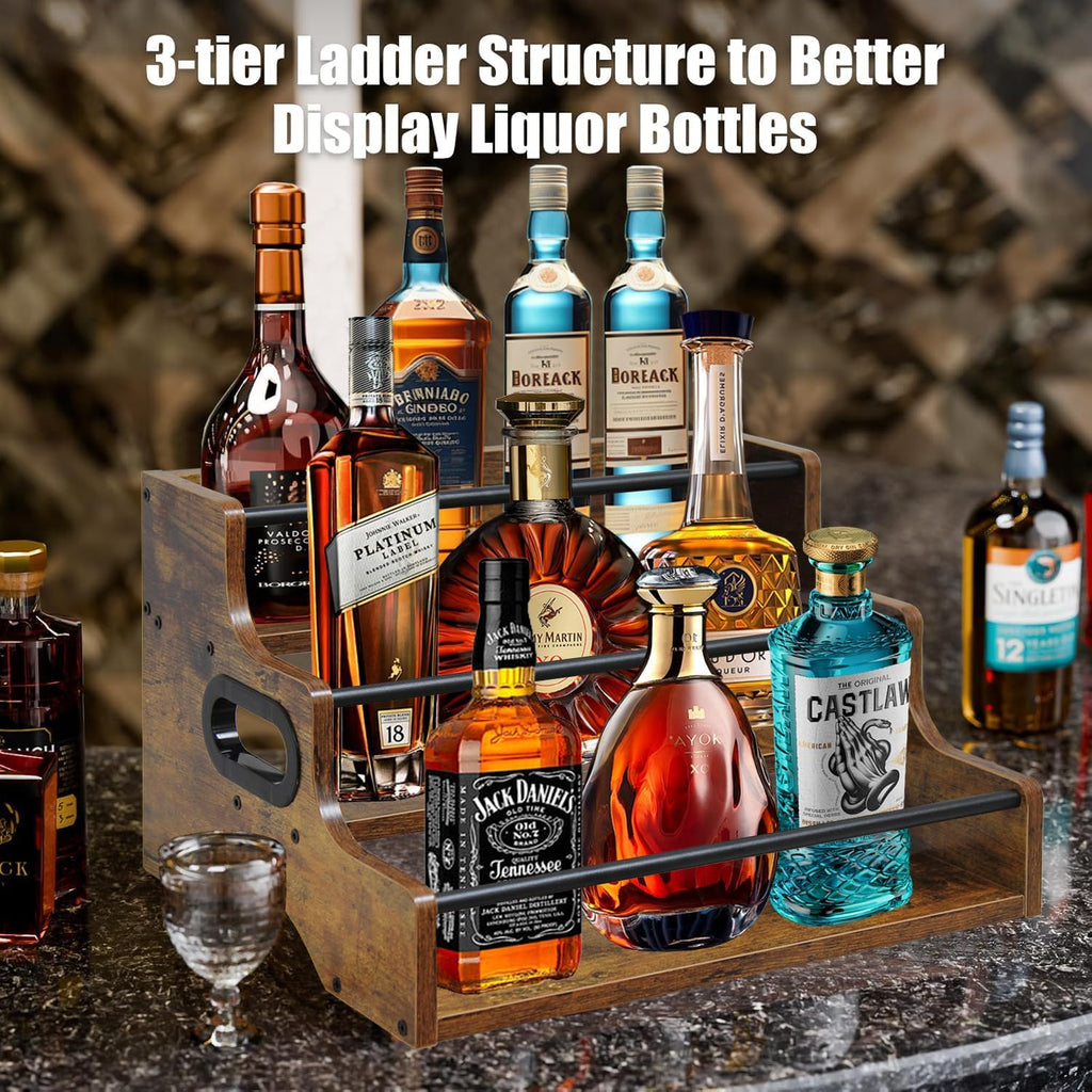AT-VALY 3-Tier Liquor Bottle Display Shelf, Iron&MDF Countertop Wine Rack, Liquor Cabinet for Home Decor, Mini Bar(Rustic Brown)