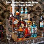 AT-VALY 3-Tier Liquor Bottle Display Shelf, Iron&MDF Countertop Wine Rack, Liquor Cabinet for Home Decor, Mini Bar(Rustic Brown)