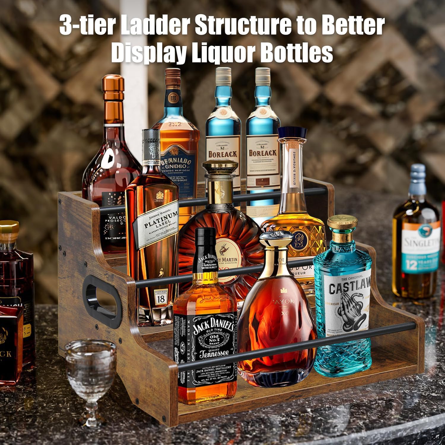 AT-VALY 3-Tier Liquor Bottle Display Shelf, Iron&MDF Countertop Wine Rack, Liquor Cabinet for Home Decor, Mini Bar(Rustic Brown)