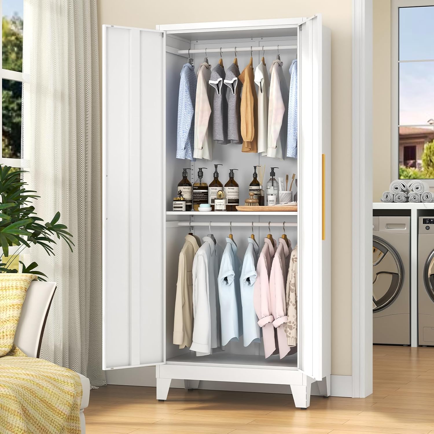 72" Tall Metal Armoire Wardrobe Closet - Large Clothing Storage Cabinet with Mirror Doors, 2 Hanging Rod & Adjustable Shelve - Closet Organizer for Bedroom, Office, Laundry Room, Garage - White