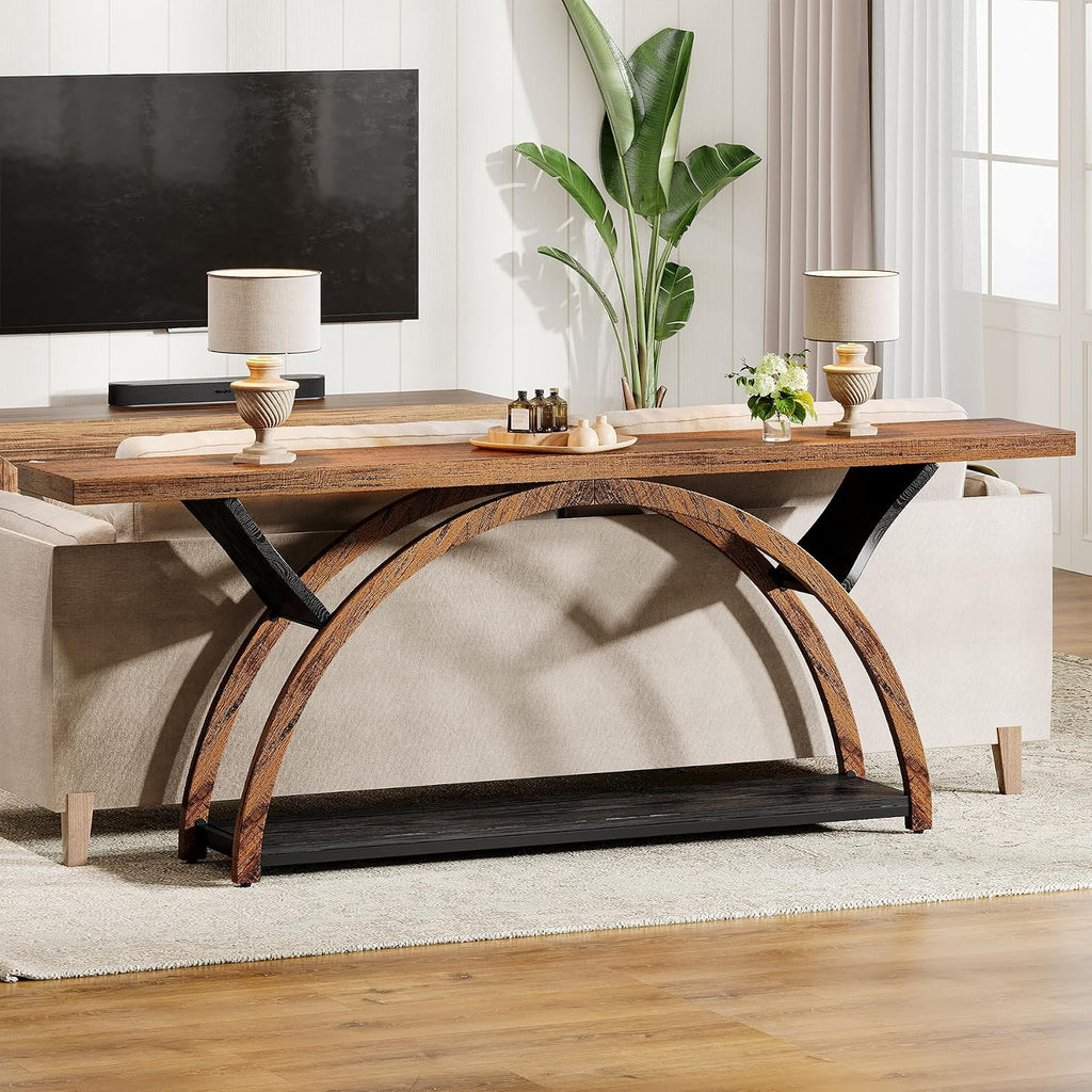 Tribesigns 70.87" Console Table, Industrial Sofa Table Behind Couch with 2 Tiers of Storage Shelves for Living Room, Hallway, Entrance, Foyer (Light Brown)