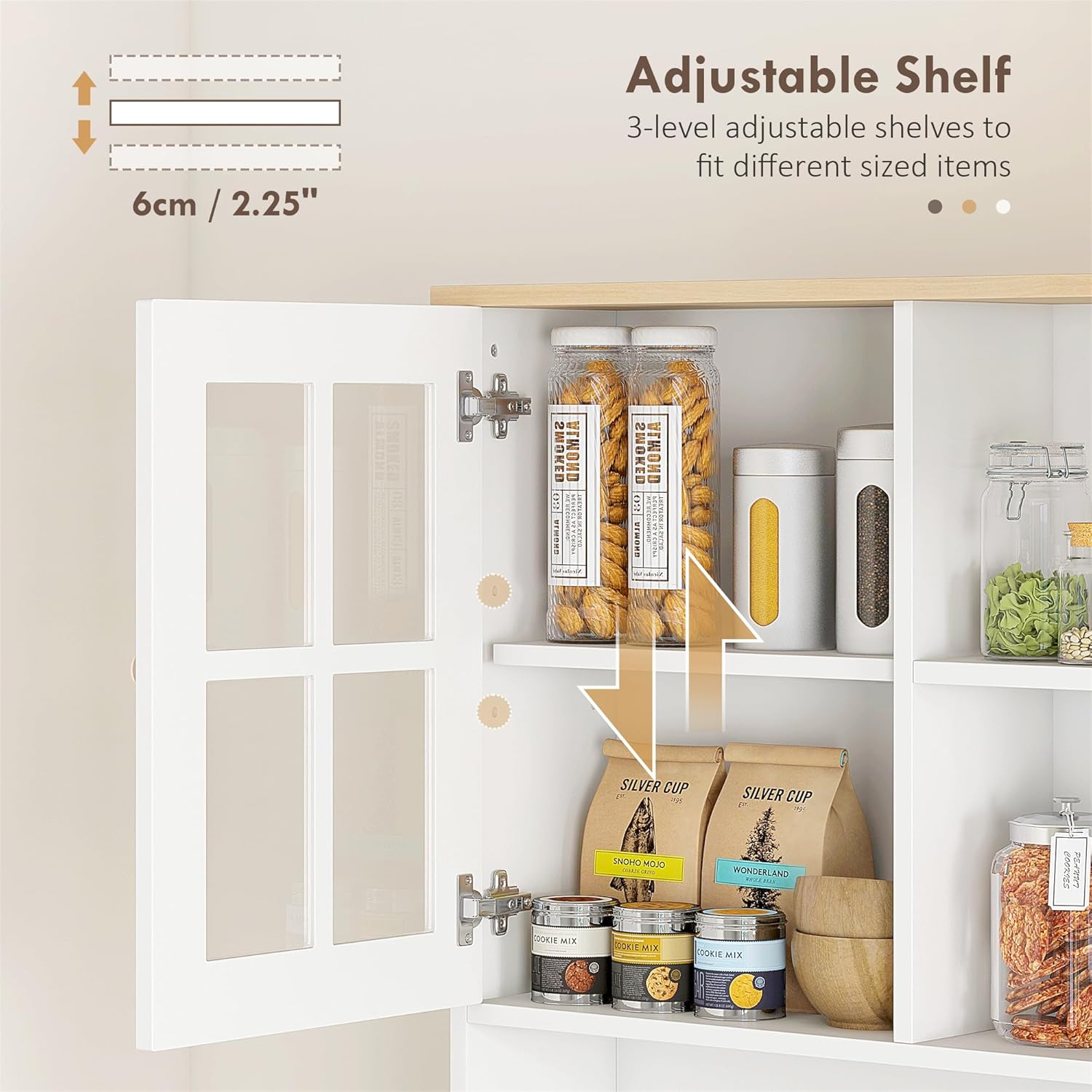 HOMCOM Kitchen Pantry Storage Cabinet, 72" Freestanding Cabinet with Hutch, Large Countertop, Glass Doors and Adjustable Shelves for Dining Room, Off White