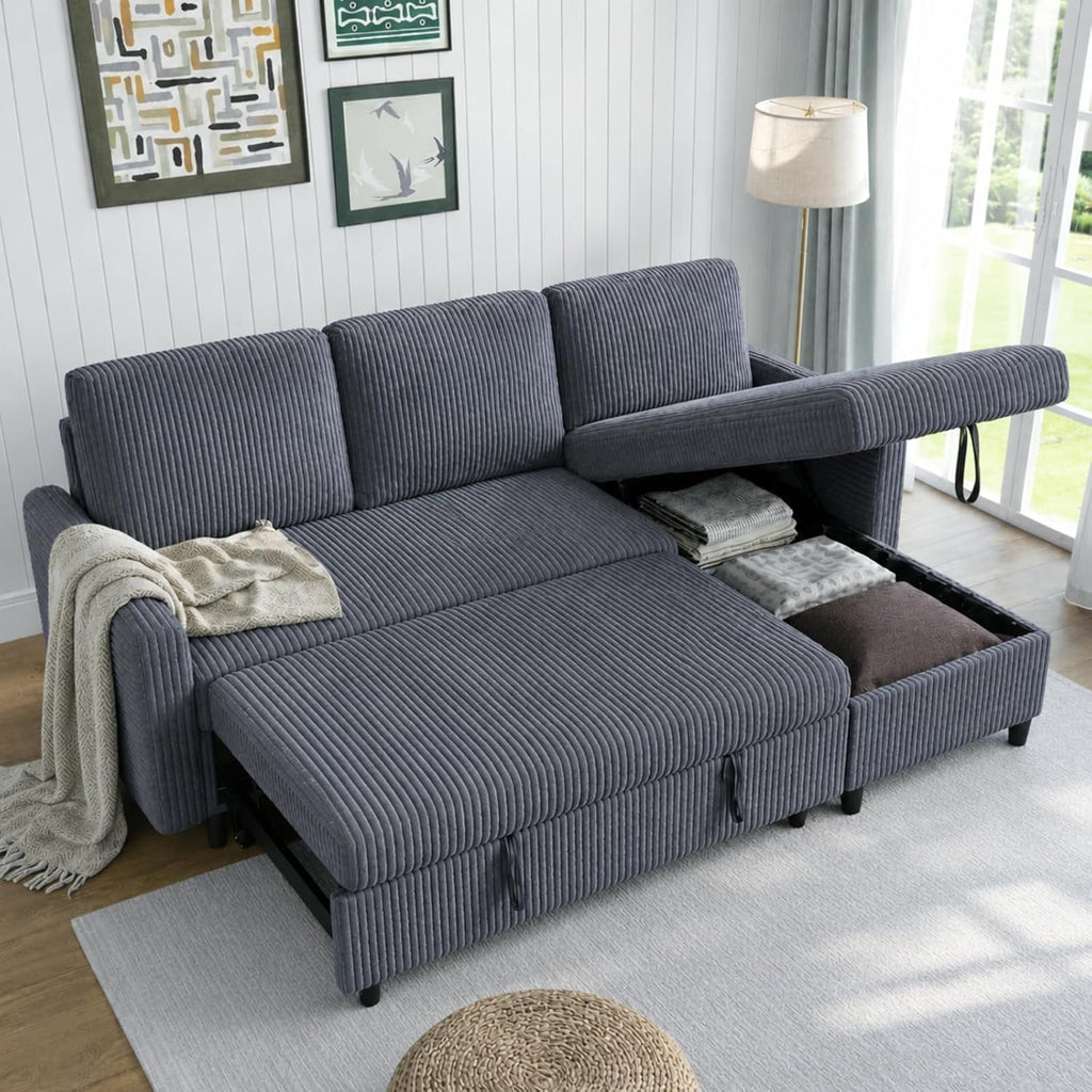 Walsunny 77" Sectional Sleeper Sofa with Pull Out Bed, Modern L-Shaped Corduroy Convertible Couch with Storage Chaise, Reversible Sofa Bed for Small Spaces, Apartment, Office, Dark Grey