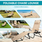 Beach Lounge Chair, Folding Outdoor Chaise Lounge Chair with Arms, 4-Position Backrest, Extended Sun Tanning Chair Pillow & Cup Holder, Patio Lounger for Outside for Beach Pool Patio Yard (Beige)