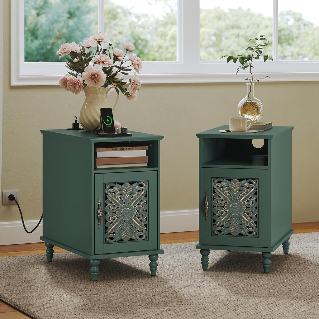 ARTPOWER Narrow Side Table with Charging Station Set of 2, Vintage Carved Door End Table with Storage for Small Spaces, Slim Bedside Table for Living Room, Bedroom, Green