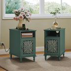 ARTPOWER Narrow Side Table with Charging Station Set of 2, Vintage Carved Door End Table with Storage for Small Spaces, Slim Bedside Table for Living Room, Bedroom, Green