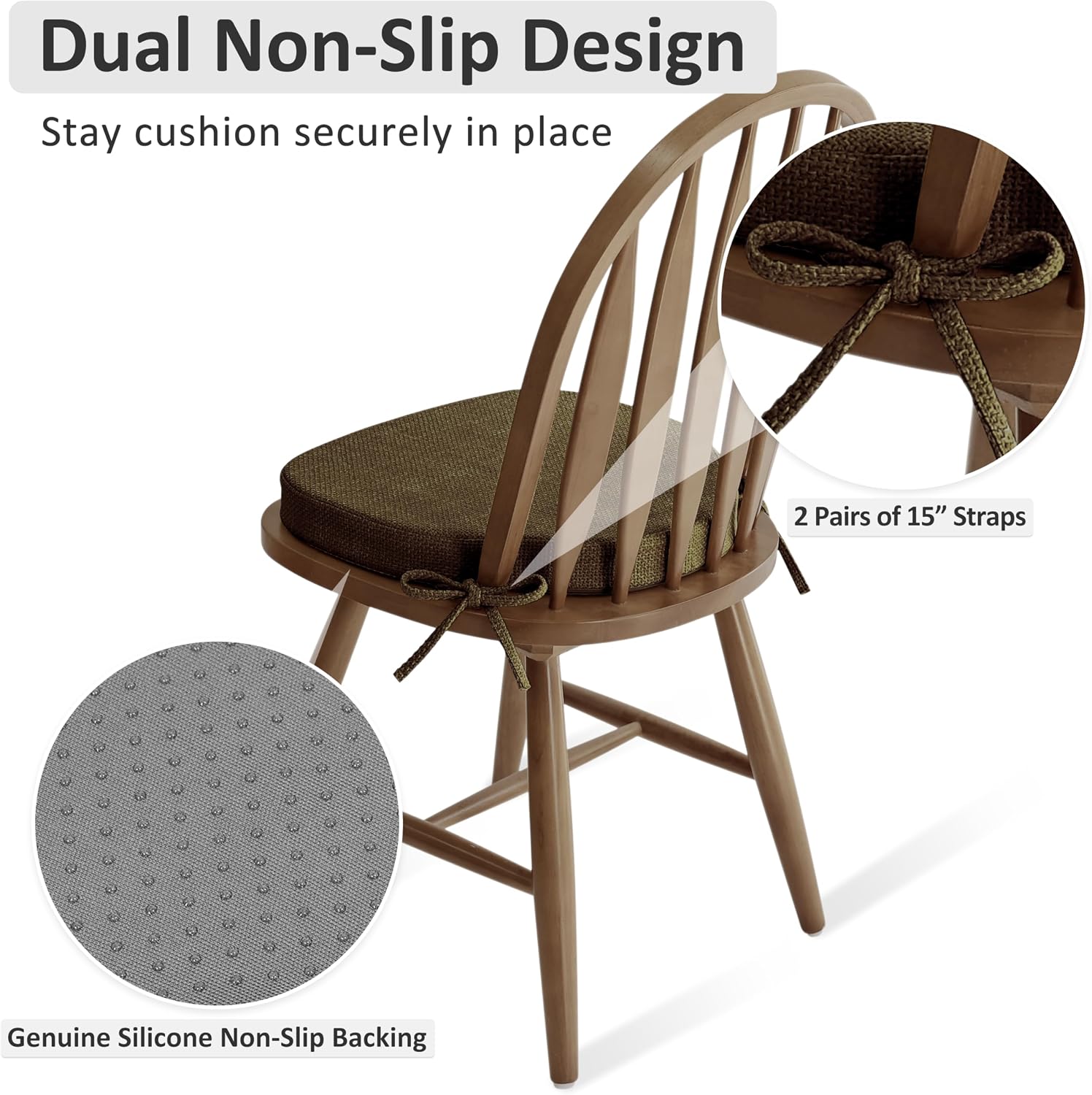 Shinnwa Dining Chair Cushions Set of 4, High-Resilience Foam Windsor Seat Pads, Kitchen Chair Cushions with Ties & Textured Cover, 4 Pack, 16.5 x 15.5 x 2, Dark Brown
