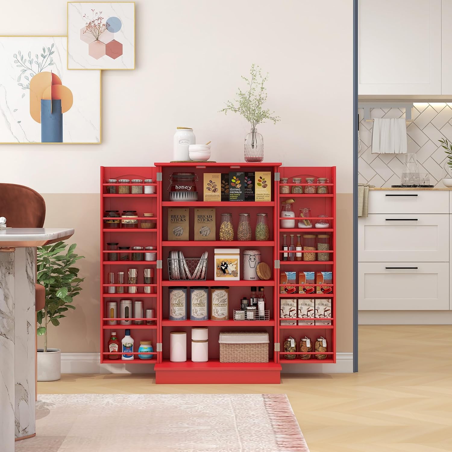41" Kitchen Pantry Storage Cabinet, Red, with Double Doors, 12 Interior Shelves, Adjustable Shelves for Dishes and Cookbooks