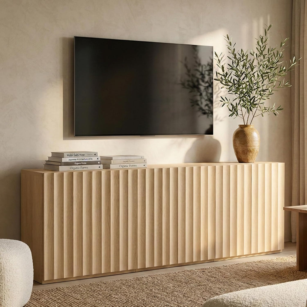 VividVibe Wide Fluted Sideboard Buffet Cabinet with Storage, 94.11" Long Credenza with 6 Integrated Finger Pulls Doors, Modular Large Buffet Table Modern Organic for Entryway Living Room Light Oak