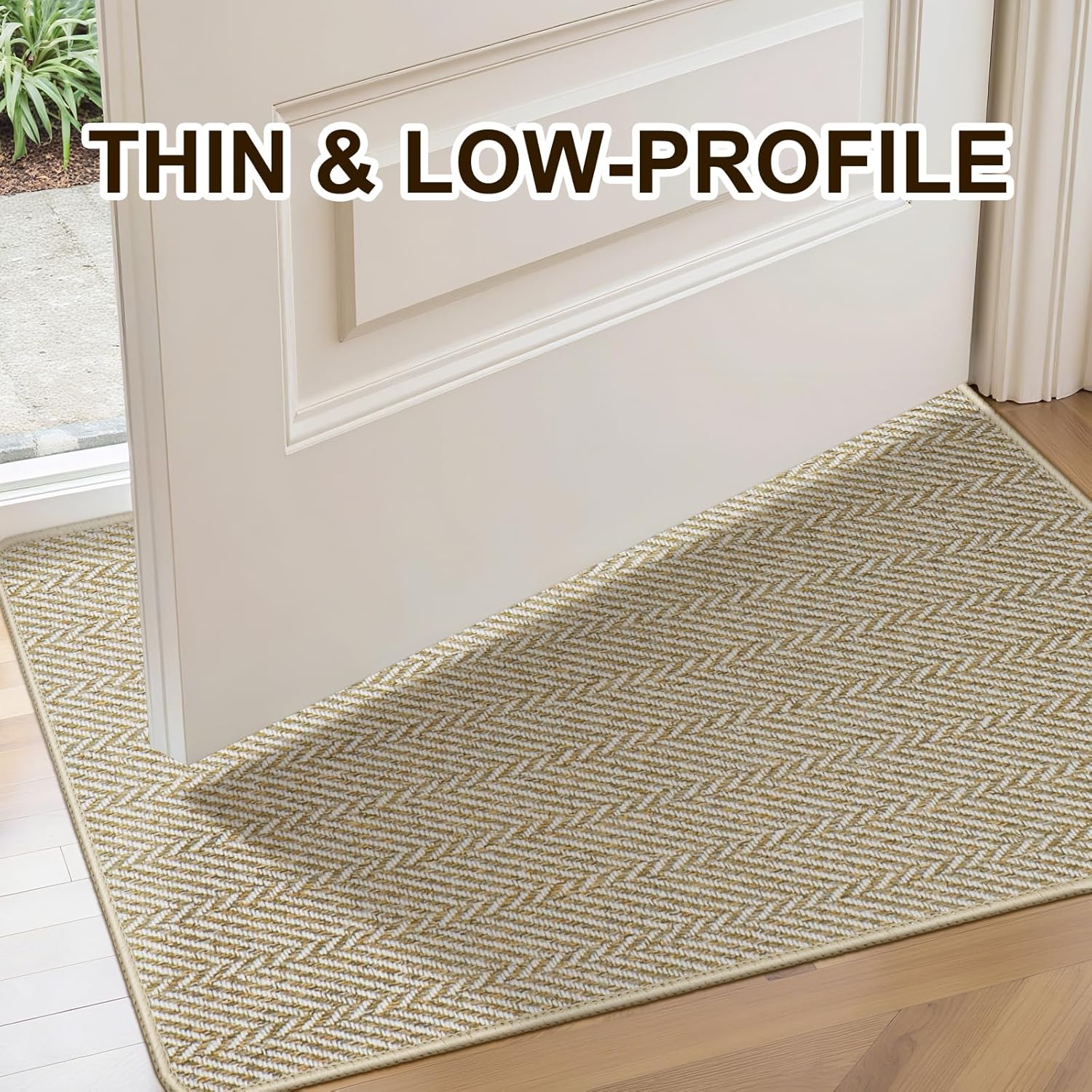 Ultra Thin Door Mat Indoor Entrance 17"x29", Low-Profile Indoor Door Mat, Non Slip Entry Mat Rubber Backing Unique Herringbone Design Inside Doormat Dirt Trapper Entryway Mats, Beige