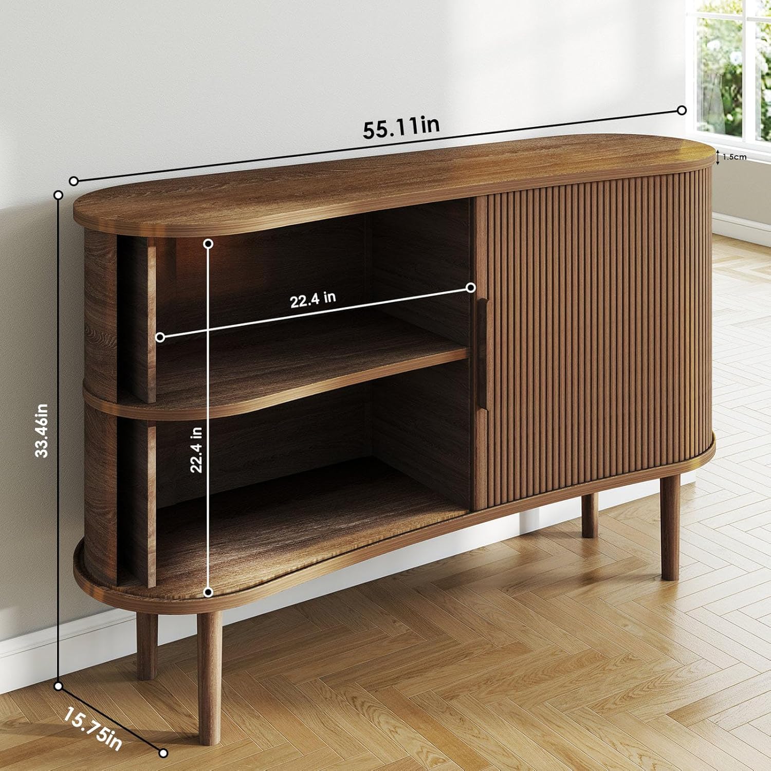 Mid-Century Modern Sideboard Buffet Cabinet, 55" Storage Cabinet with 4 cabinets, Decorative Fluted Sliding Doors for Bedroom Dining Room Small Space, Walnut Finish, Walnut