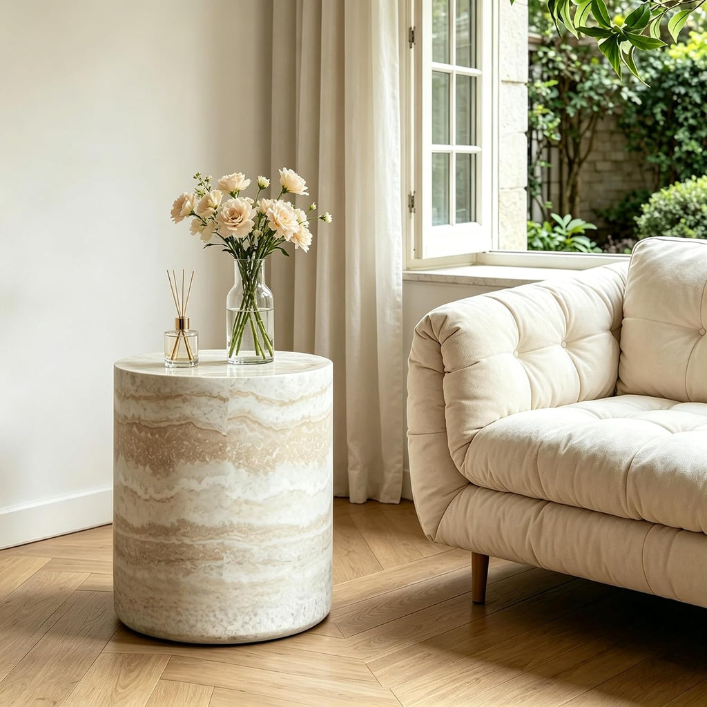 Marble-Effect Cylindrical Side Table Lightweight Fiberglass & Resin Accent Table End Table for Living Room Nightstand for Bedroom Small Drink Table for Corner Spaces (15.75'' Single, Cream)