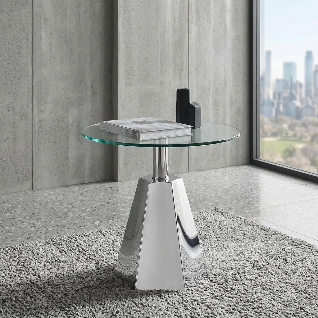 FT Global Round Glass Side Table, 19.7" Clear Tempered Glass Top with Chrome Polished Stainless Steel Base, Tool-Free Assembly Modern Accent