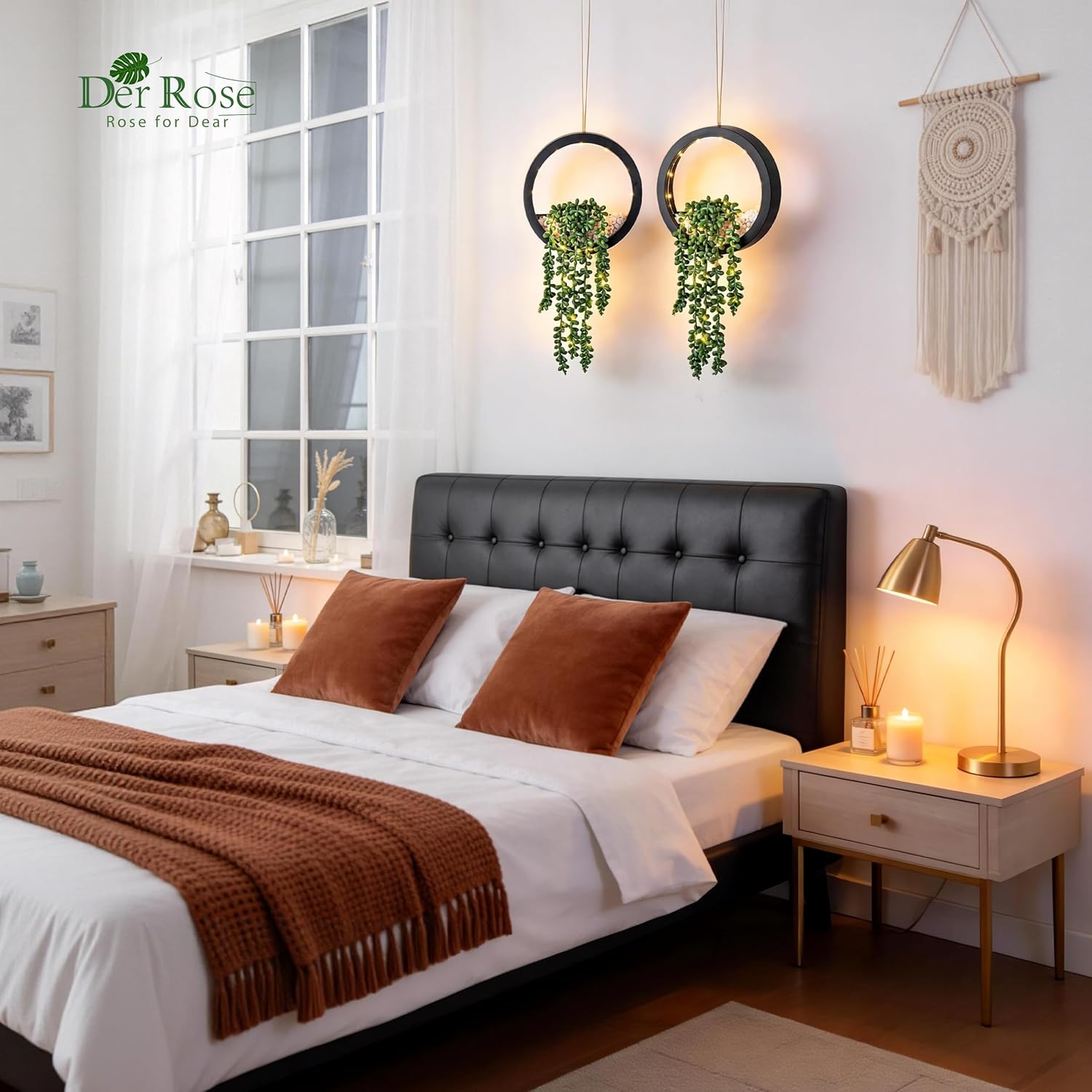 Der Rose 2 Pack Lighted Hanging Plants, Artificial String of Pearls Succulents with Warm LED Lights, Aesthetic Fake Plants for Black Bathroom Bedroom Living Room Wall Decor, Party & Gift for Women