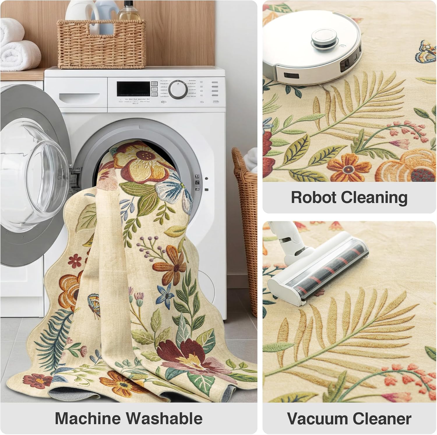 FMFUNCTEX 8x10 Floral Washable Area Rug Beige Neutral Vintage Flower Botanical Cottage Boho Cream Scalloped Soft Non Slip Low Pile Large Indoor Thin Carpet for Living Room Bedroom Dining Room Nursery