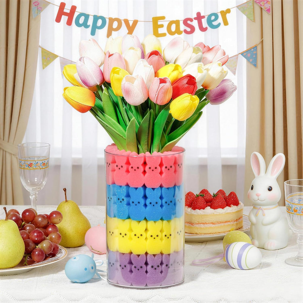 ALFEVA Easter Decorations-Vase in Vase 15pcs Artificial Tulips and 56 Peeps Bunnies Filler, Easter Vase Set Ready to Display，Spring Decorations for Home Table