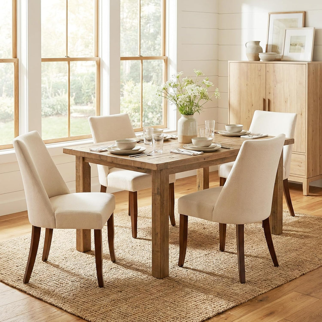 Wooden Dining Chairs Set of 4, Upholstered Farmhouse Fabric Dining Room Chair, Mid Century Kitchen Chair for Restaurant & Cafe, Beige