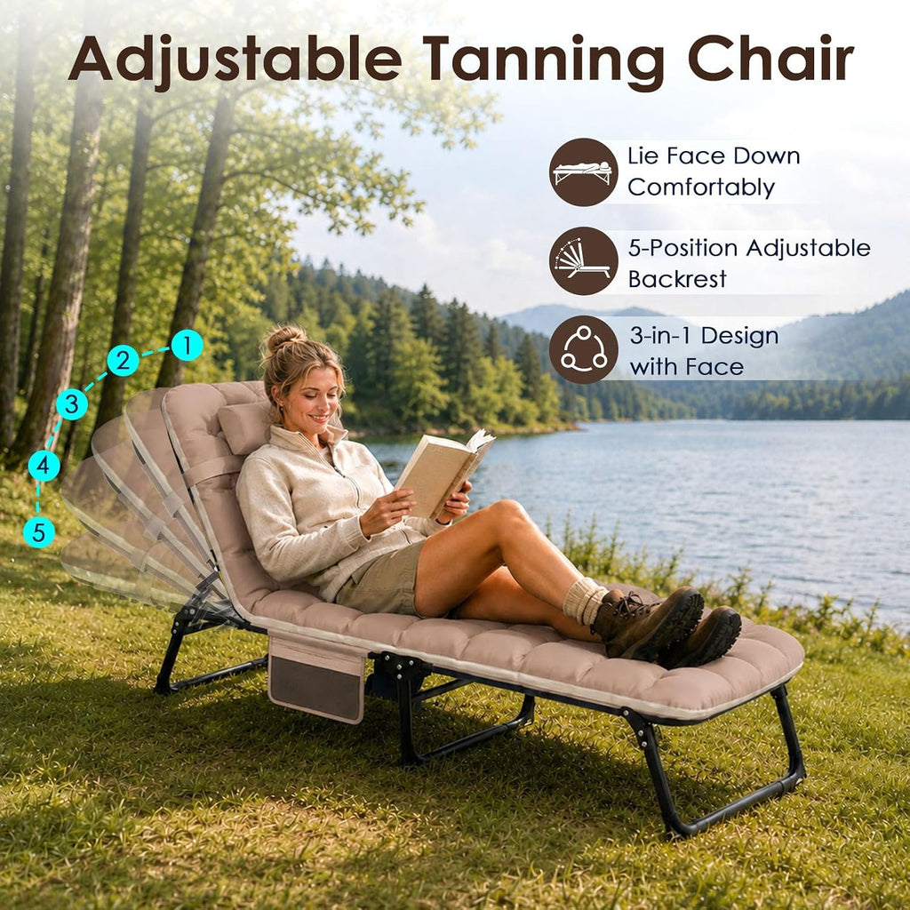 Suteck Tanning Chair with Face Hole, Folding Beach Lounge Chairs, Beige | Adjustable 5-Position Reclining Chaise, Removable Cushion & Pillow, Cooler Bag, 500Lbs Heavy-Duty for Outdoor Camping& Home