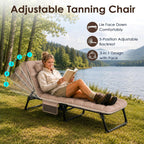 Suteck Tanning Chair with Face Hole, Folding Beach Lounge Chairs, Beige | Adjustable 5-Position Reclining Chaise, Removable Cushion & Pillow, Cooler Bag, 500Lbs Heavy-Duty for Outdoor Camping& Home