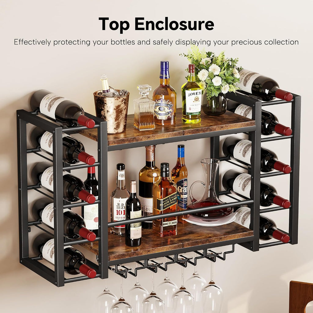 Homeiju Wall Mounted Wine Rack for 30 Bottles, Metal Wine Shelf Storage with Top Enclosure, (31.7" W x 9.8" D x 19.7" H)