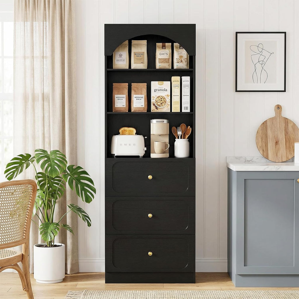 Cyclysio 80" Kitchen Pantry with 6 Drawers, Extra Tall Arch Storage Cupboard with 6-Tier Open Shelves, Freestanding Wood Shelf with Baseboard Cutout for Dining Living Room Bathroom Furniture
