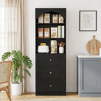 Cyclysio 80" Kitchen Pantry with 6 Drawers, Extra Tall Arch Storage Cupboard with 6-Tier Open Shelves, Freestanding Wood Shelf with Baseboard Cutout for Dining Living Room Bathroom Furniture