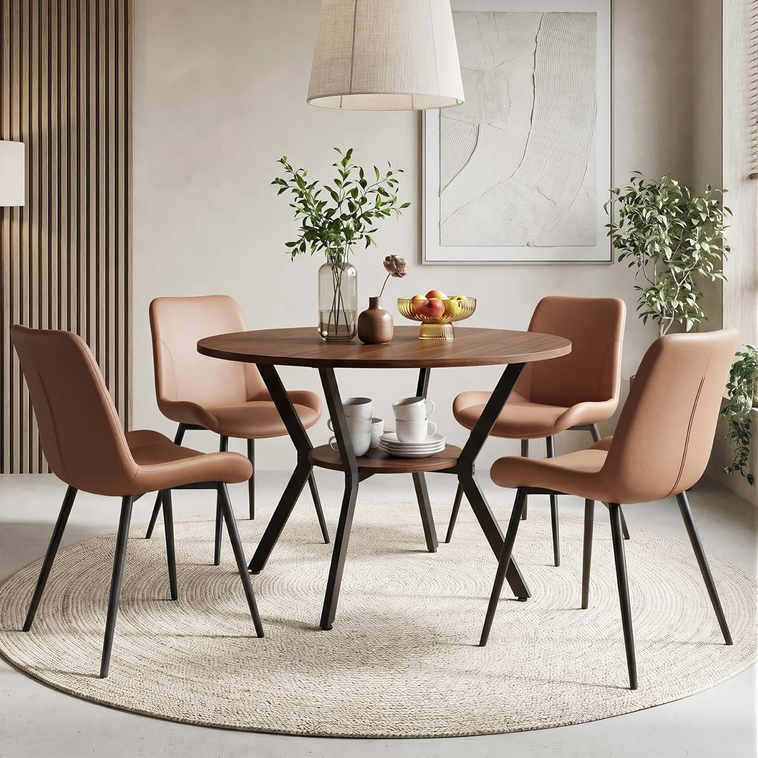 Miereirl 42.13" 5-Piece Round Dining Table Set for 4, Kitchen Table Set with 4 Upholstered Chairs and Storage Shelf, Dining Room Furniture Set for Apartment, Small Spaces