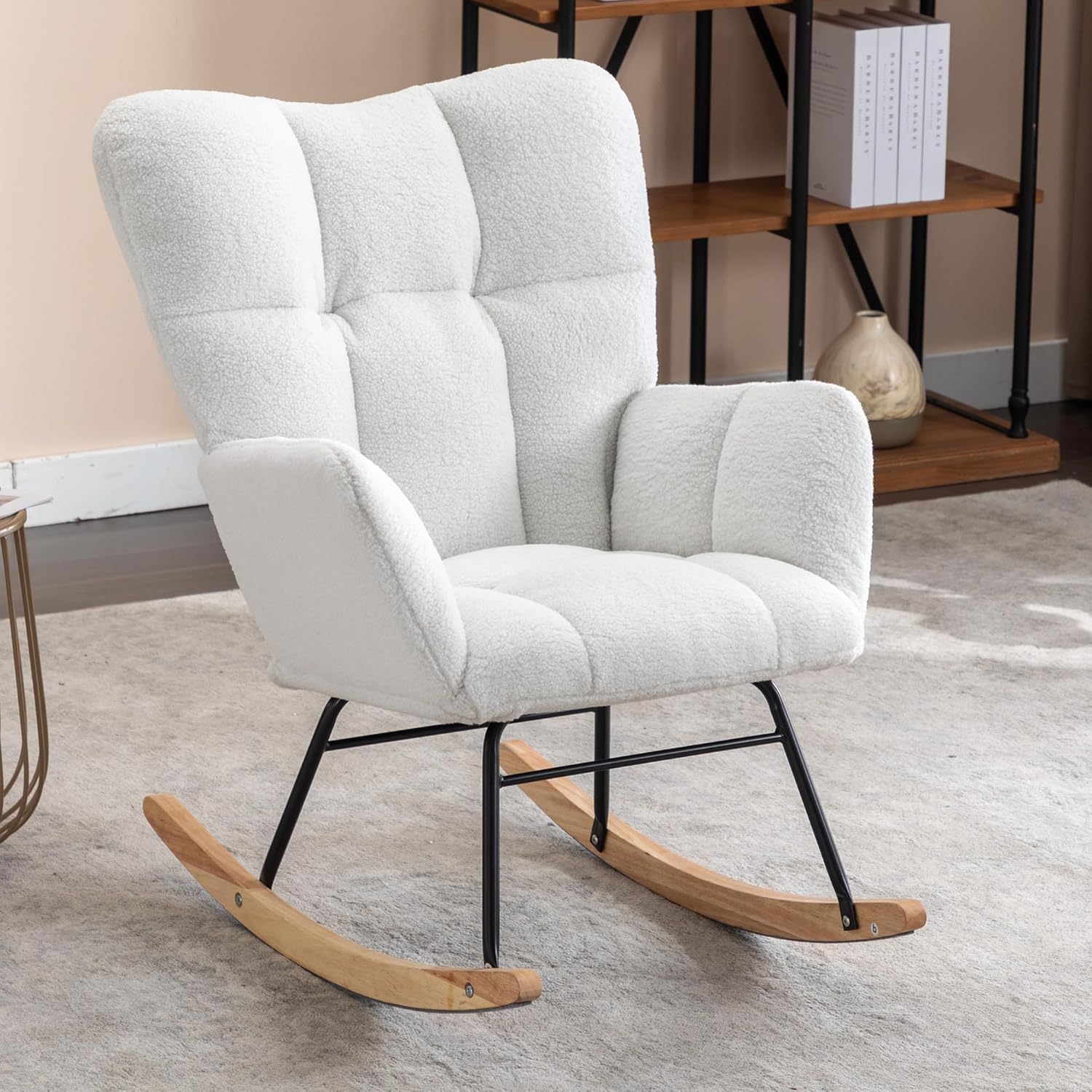 Adulto Teddy Fabric Rocking Chair Outdoor Indoor, Wooden Rocking Chair,A1 | Soft teddy fabric rocking chair with sturdy wooden frame, metal base, and floor protection. Ideal for indoor nursery, li