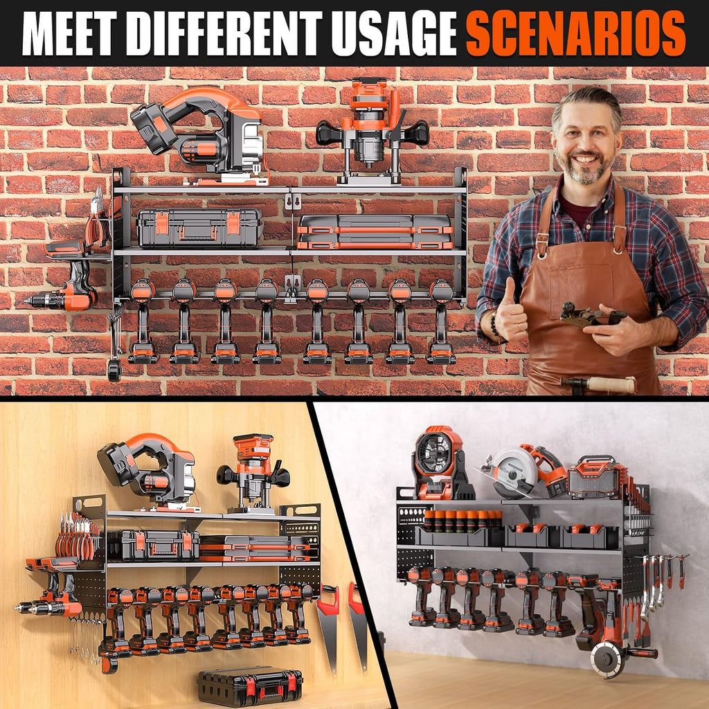 33" W Power Tool Organizer Wall Mount,Heavy Duty Cordless Tool Organizer with 10 Drill Holder, 300 Lbs Capacity 3-Layer Garage Organization for Garage and Workshop (Black)