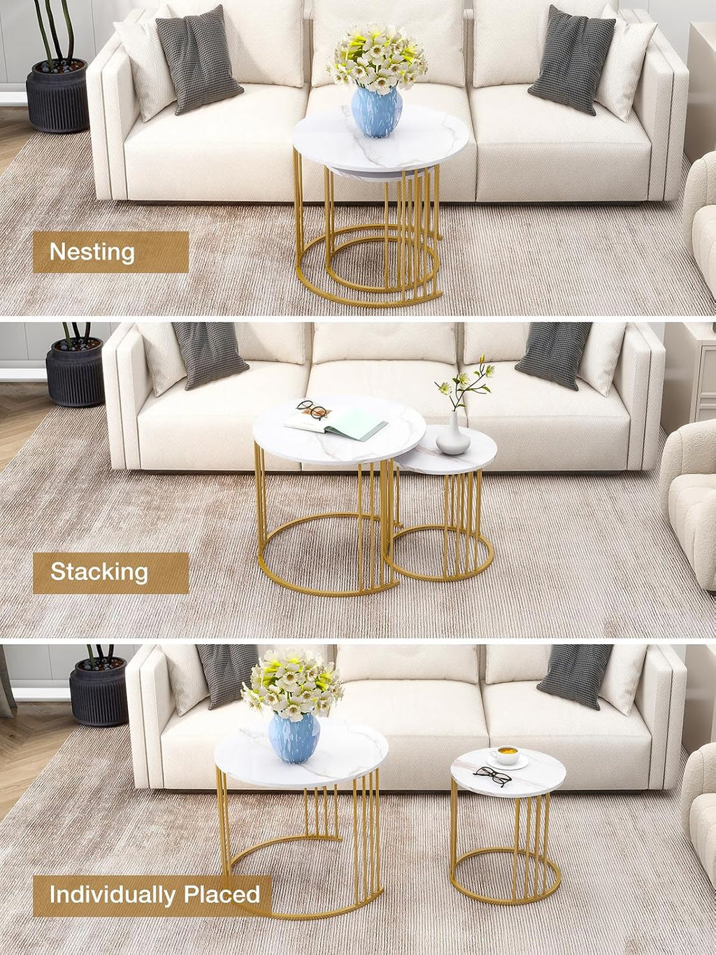 Nesting Coffee Table Set of 2, Round Table, Morden End Side Table Night Stand for Bedroom Dining Room (Marble White)