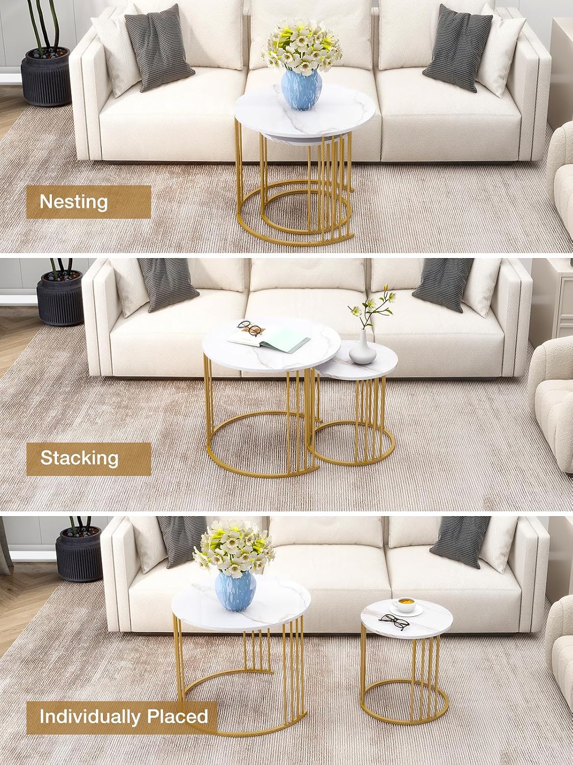 Nesting Coffee Table Set of 2, Round Table, Morden End Side Table Night Stand for Bedroom Dining Room (Marble White)