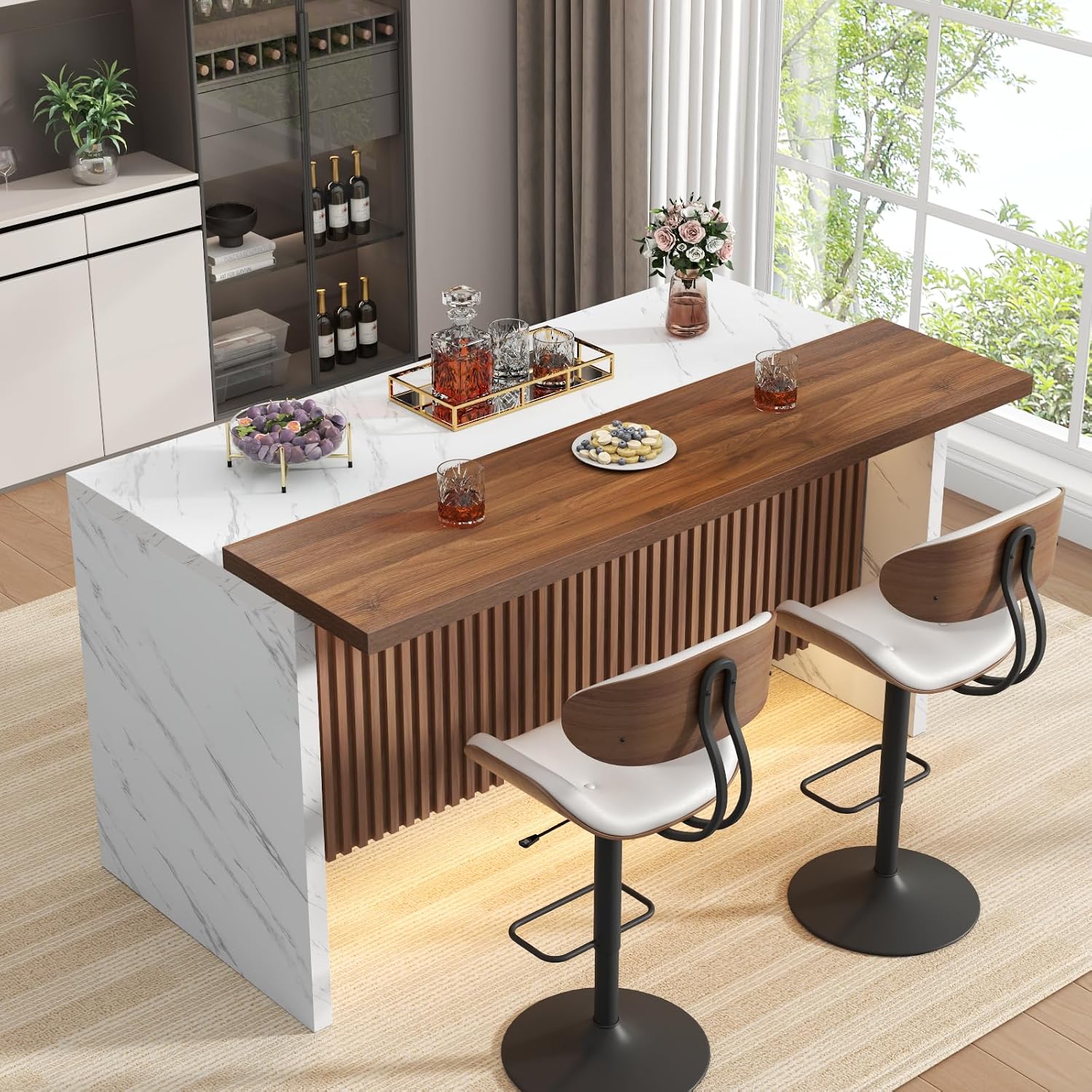 63" Large Imitation Marble Bar Table,Island Table with LED Lights,Mordern Marble Stripes Freestanding Mini Bar with Grille design,Home Bar Unit for Home Kitchen, Living Room, Balcony, Basement (White)