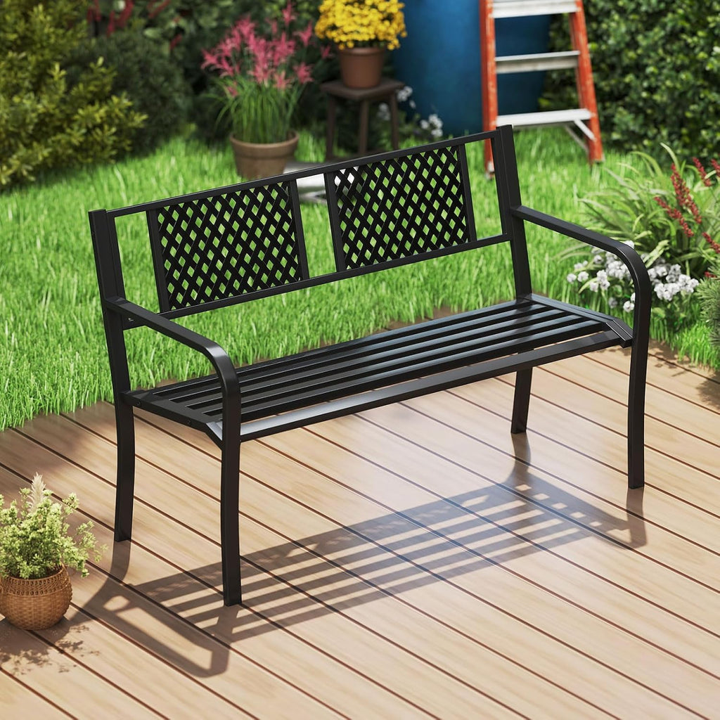 Giantex Metal Outdoor Bench with Mesh Pattern Backrest, Curved Armrests, 660Lbs Capacity, Slatted Seat for 2-3 Persons, Patio Bench for Yard, Poolside, Porch, Park, Garden (50"×23"×32",Black)