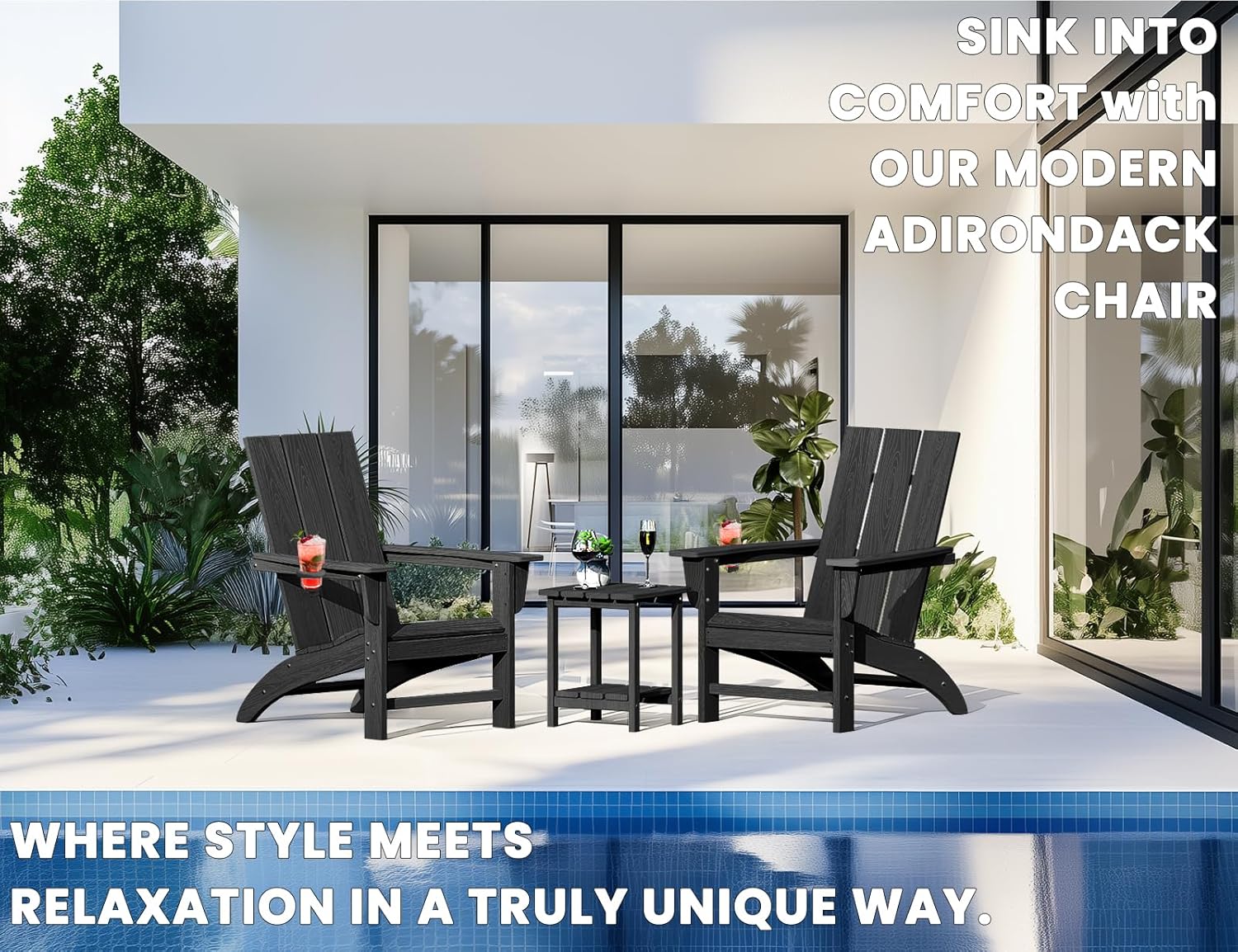 Modern Adirondack Chair with Cup Holder, HDPE Plastic Patio Chairs for All Weather, Fire Pit Chair, Outdoor Lawn Chairs for Deck, Porch, Backyard, Garden, Black