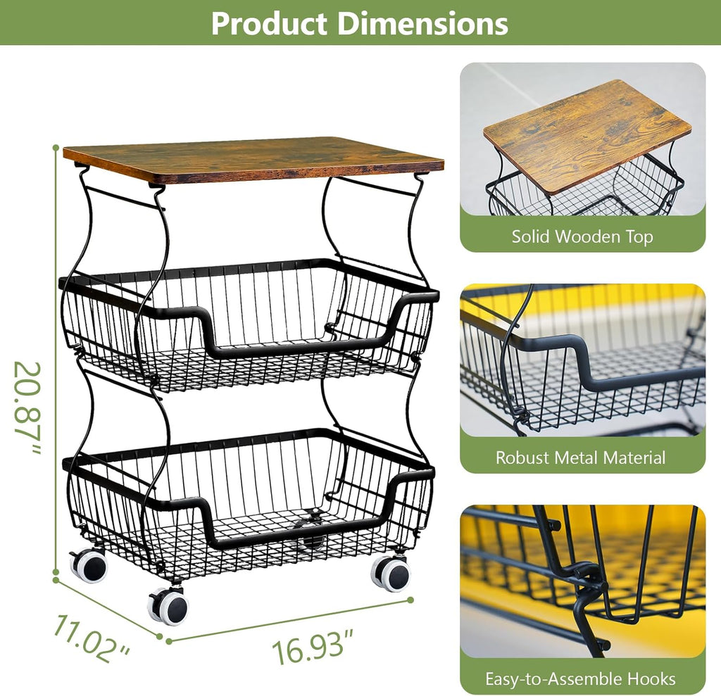 2 Pack Pantry Floor Organizeron with Wheels, 3 Tier Rolling Fruit Vegetable Basket for Kitchen Stackable Wire Basket Stand for Home Removable Metal Vegetable Rack Wire Snack Cart