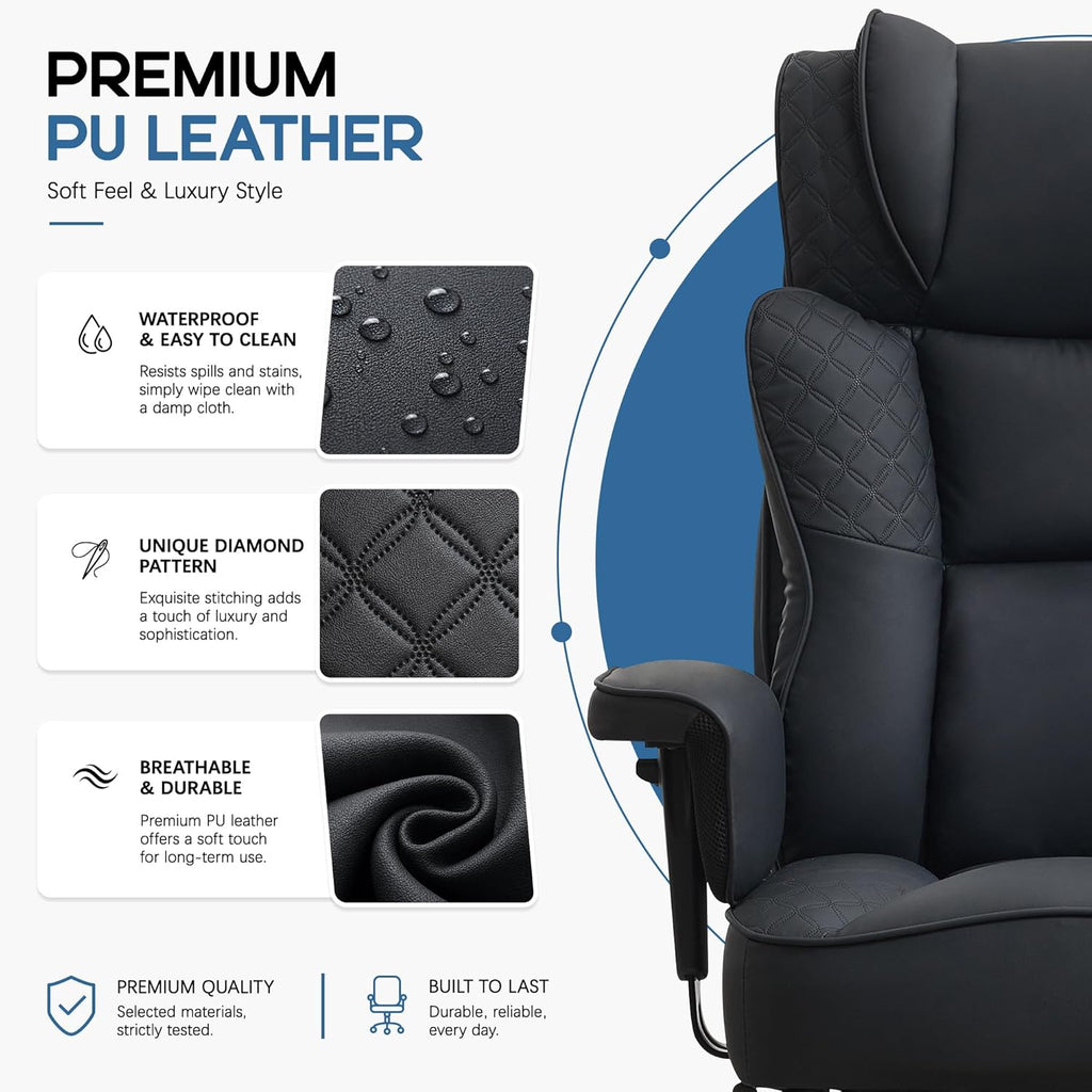 Office Desk Chair, High-Back Big and Tall Leather Chair with Footrest, Ergonomic Reclining Computer Chairs, Comfy Executive Wide Chair with Lumbar Support, Adjustable Padded Armrests, 400LBS (Black)