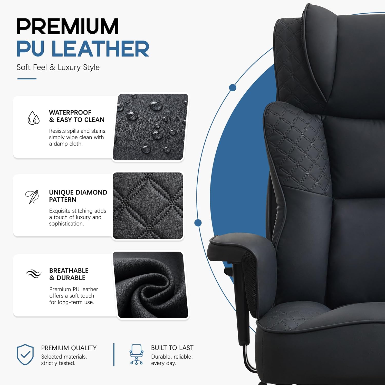 Office Desk Chair, High-Back Big and Tall Leather Chair with Footrest, Ergonomic Reclining Computer Chairs, Comfy Executive Wide Chair with Lumbar Support, Adjustable Padded Armrests, 400LBS (Black)