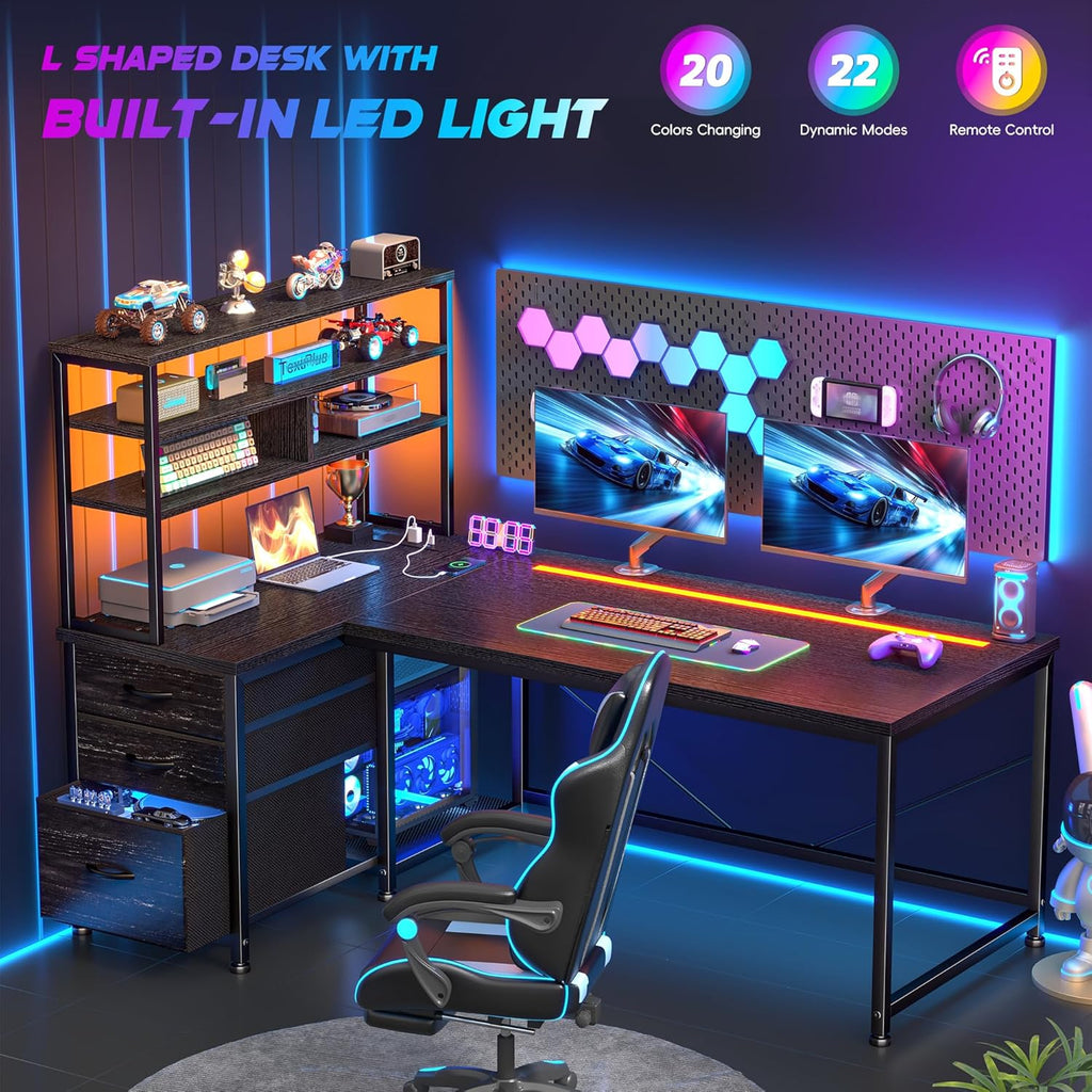 55''Gaming Desk L Shaped Desk with 3 Fabric Drawers & Shelves, Reversible Computer Desk with Remote LED Lights, Power Outlet and PC Stand of Home Office Desk for Bedroom,Dorm,Gaming Room,Black
