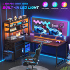 55''Gaming Desk L Shaped Desk with 3 Fabric Drawers & Shelves, Reversible Computer Desk with Remote LED Lights, Power Outlet and PC Stand of Home Office Desk for Bedroom,Dorm,Gaming Room,Black