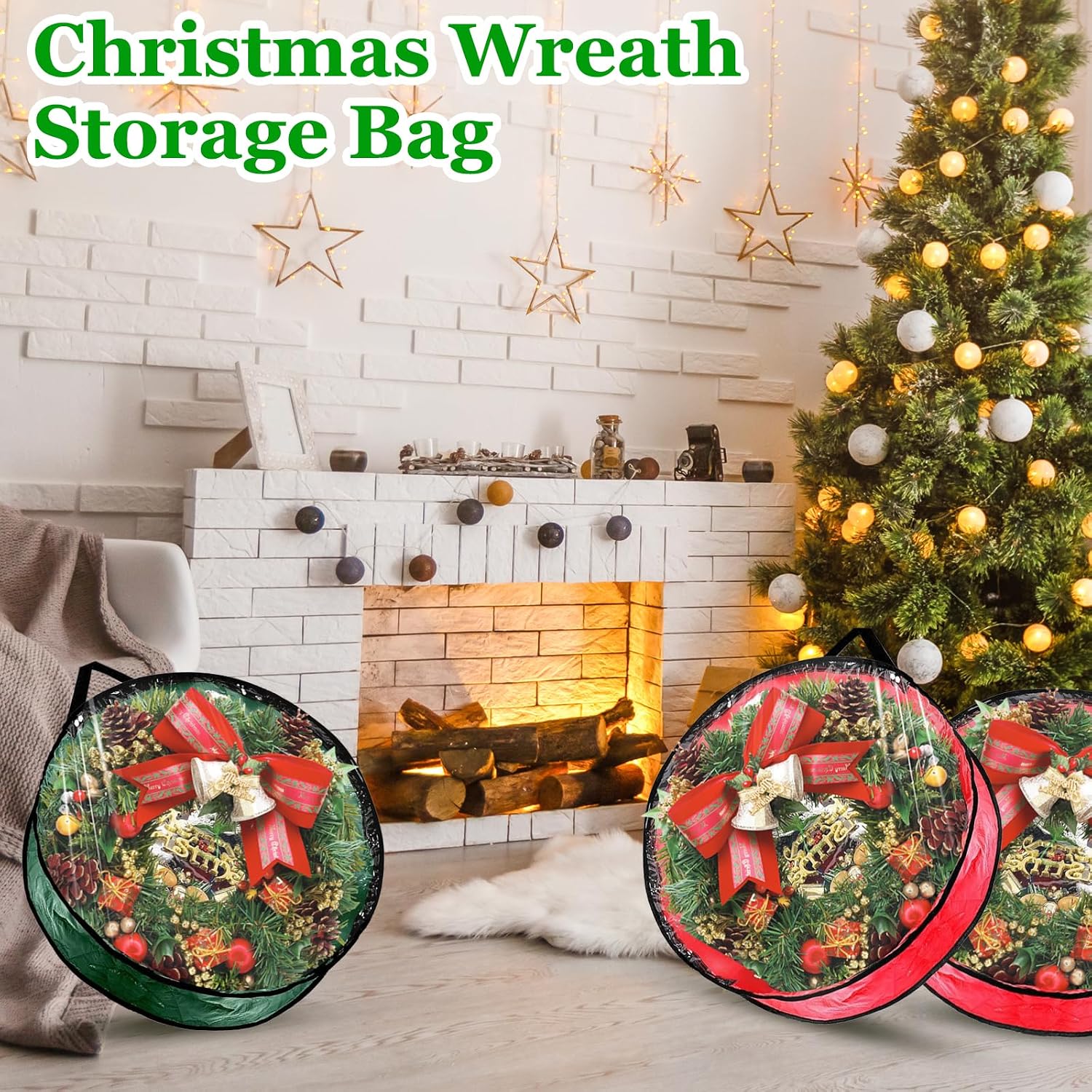 6 Pcs Christmas Wreath Storage Bag, 24" Dia Round Wreath Storage Container with Clear Window, Tear Resistant Wreath Boxes for Christmas Holiday Seasonal Storage (Red×3 ＆ Green×3)