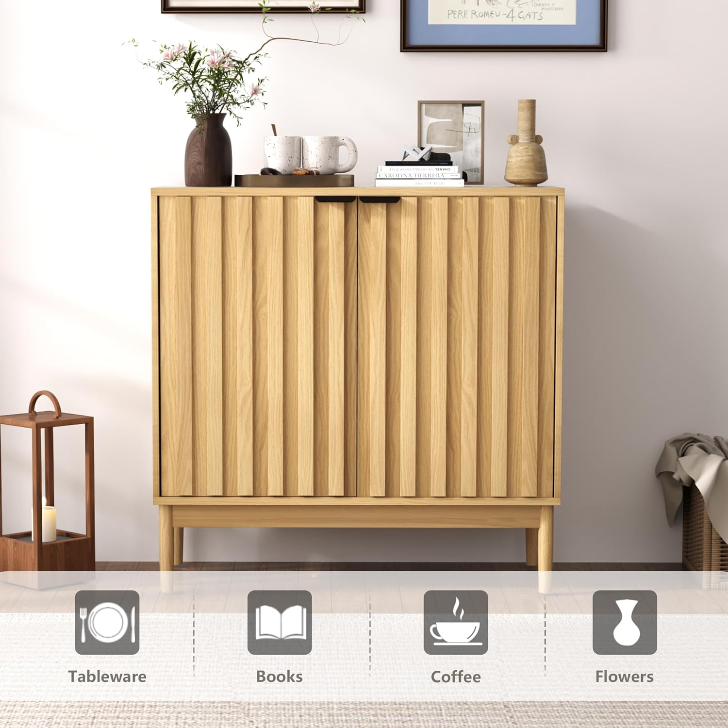Otterease Fluted Buffet Cabinet with Storage, Wooden Sideboard with Doors & Adjustable Shelves, Modern Accent Cabinet for Kitchen, Living Room, Entryway, Hallway, Natural