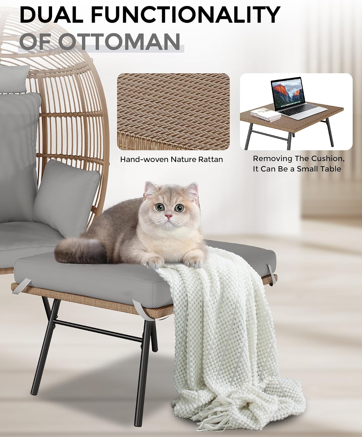 Wicker Egg Chair with Ottoman, Oversized Egg Shaped Lounge Chair with Thick Cushion, Comfy Rattan Seat for Indoor Outdoor Patio Porch Backyard, Grey