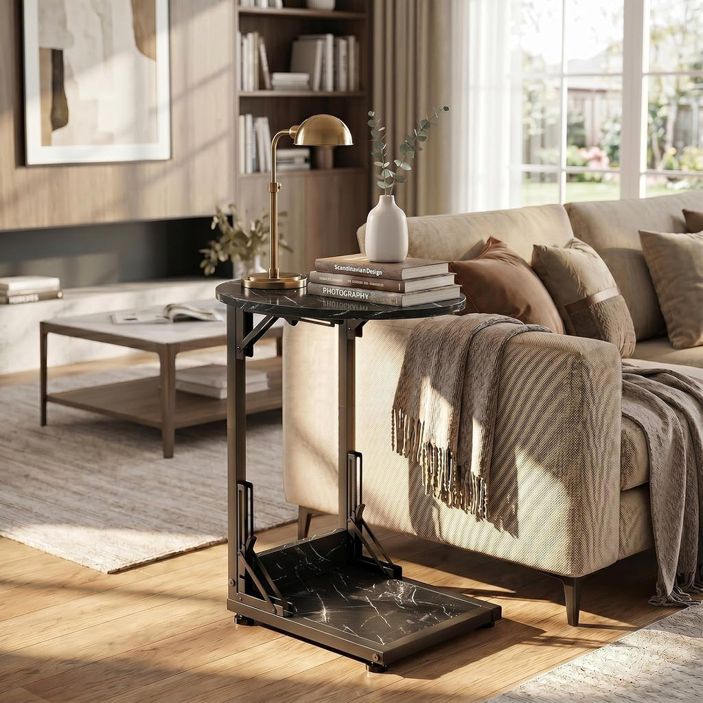 Folding Side Table, C Shaped End Table with Metal Frame, Round Couch Table & Slide Under Sofa TV Tray Table for Living Room, Bedroom, Small Spaces (Marble Black)